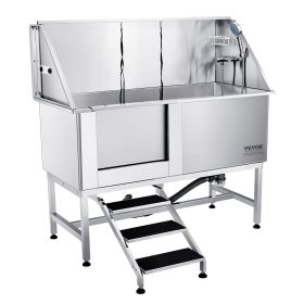 VEVOR 62" Pet Dog Bathing Station w/Stairs, Professional Stainless Steel Dog Grooming Tub w/ Soap Box, Faucet,Rich Accessory,Bathtub for Large,Medium (With Stairs or Ramp: With Stairs, size: 62 inch)